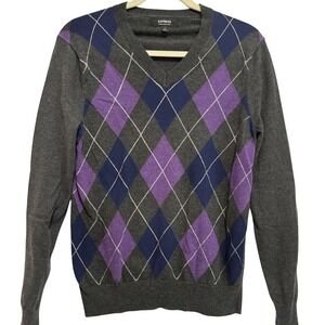 Express Mens Argyle V Neck Sweater Cotton Merino Wool Gray Purple Sz S business